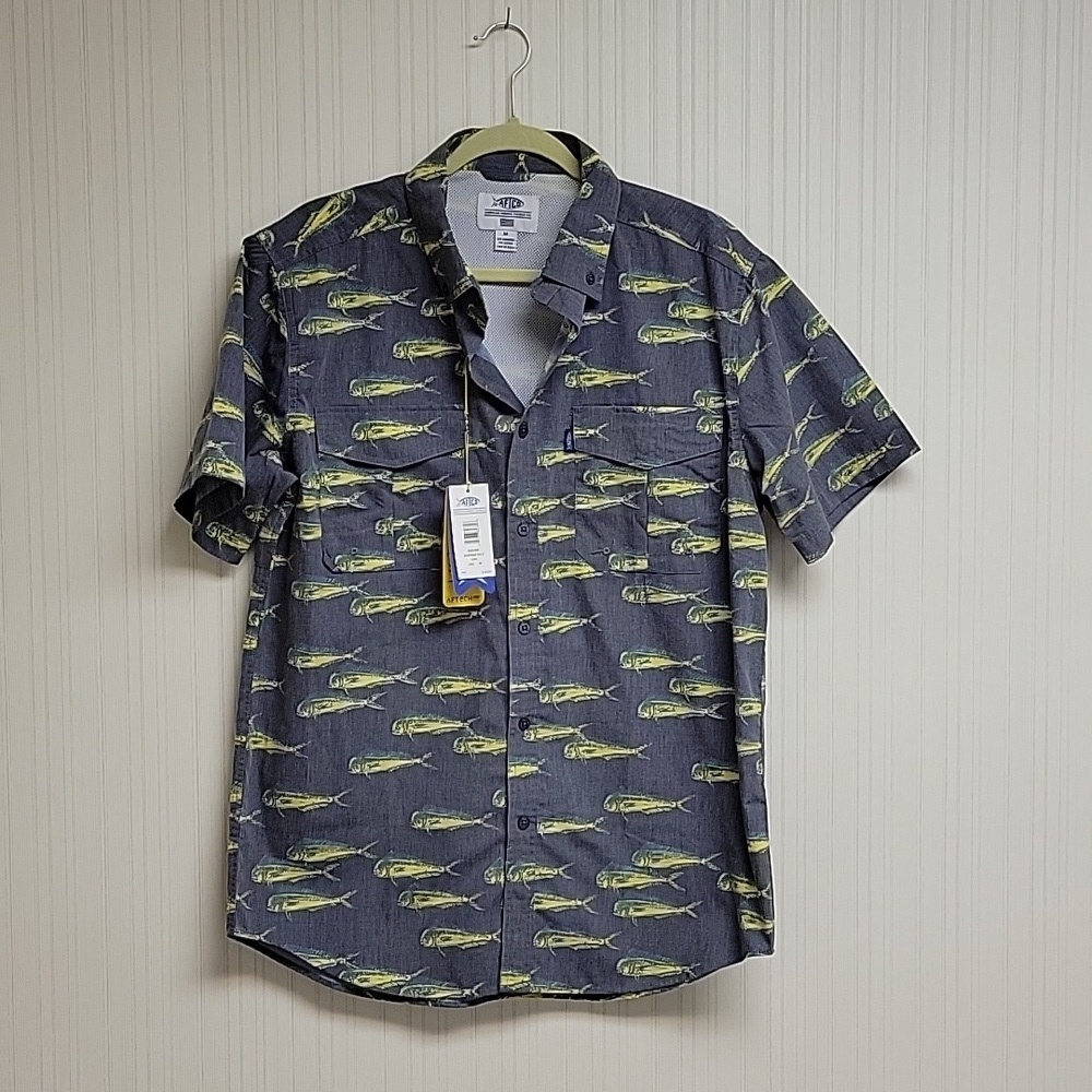 AFTCO short sleeve fish print shirt medium New eclectic grandpa outdoor
